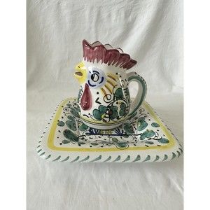 Vintage Deruta Hand Painted Italian Rooster Pitcher Creamer with a Plate